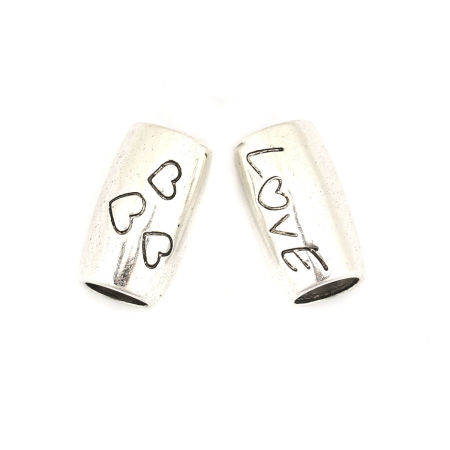 Perles en Alliage de Zinc Colonne Argent Vieilli Cœur Gravé Message " LOVE " 15mm x 9mm, Trou: env. 5.5mm, 10 Pcs