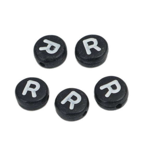 Immagine di Acrilato Perline Tondo Piatto Nero & Bianco Lettera Maiuscola Lettere " R " Circa 7mm Dia, Foro: Circa 1.2mm, 500 Pz