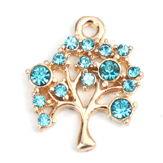 Picture of Zinc Based Alloy Charms Tree Gold Plated Blue Rhinestone 16mm x 14mm, 5 PCs