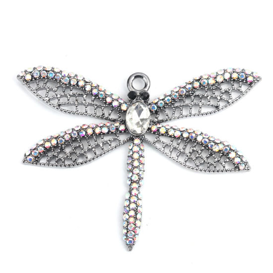 Imagen de Zamak Colgantes Libélula Plata Antigua AB Color Rhinestone 6.2cm x 4.6cm, 1 Unidad