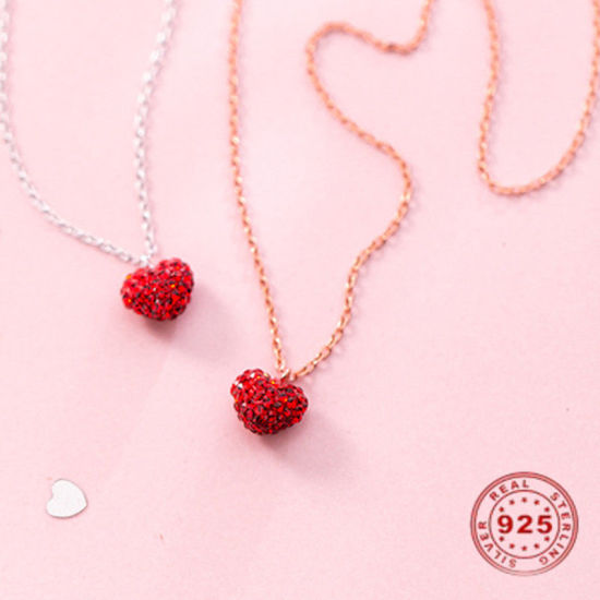 Picture of Sterling Silver Necklace Rose Gold Heart Red Rhinestone 42cm(16 4/8") long, 1 Piece