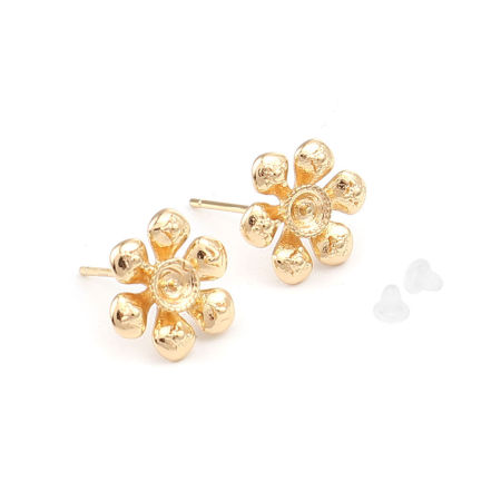 Picture of Brass Ear Post Stud Earrings Gold Plated Flower W/ Loop 12mm x 11mm, Post/ Wire Size: (20 gauge), 2 PCs