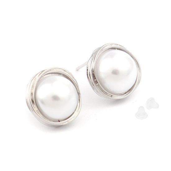 Immagine di Ottone Orecchini a Perno Tono Argento Bianco Tondo Perla Imitato Acrilico 18mm x 12mm, Posta / Filo Dimensione: (21 misura), 2 Pz