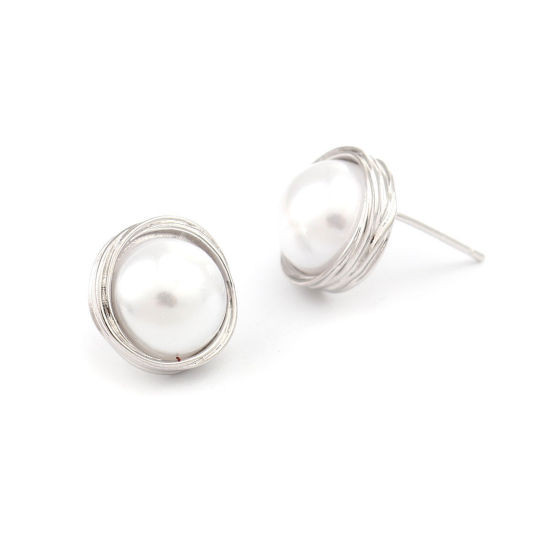 Immagine di Ottone Orecchini a Perno Tono Argento Bianco Tondo Perla Imitato Acrilico 18mm x 12mm, Posta / Filo Dimensione: (21 misura), 2 Pz