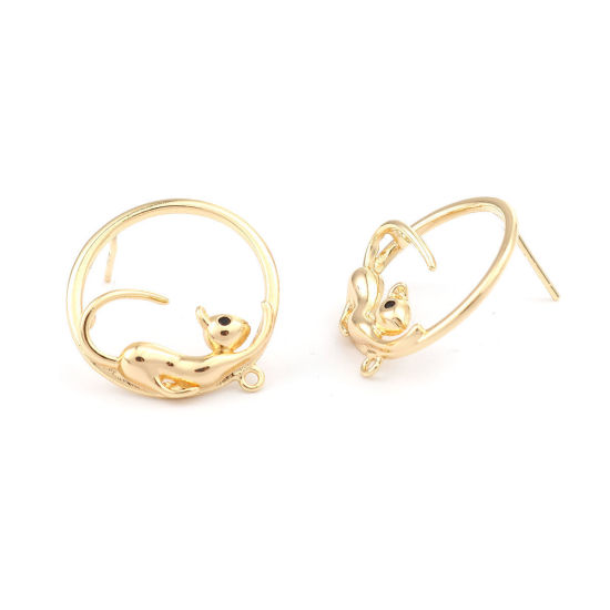 Picture of Brass Ear Post Stud Earrings Gold Plated Round Cat W/ Loop Black Rhinestone 21mm x 20mm, Post/ Wire Size: (21 gauge), 2 PCs                                                                                                                                   