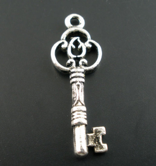 Picture of 25PCs Antique Silver Color Key Charms Pendants 29x10mm