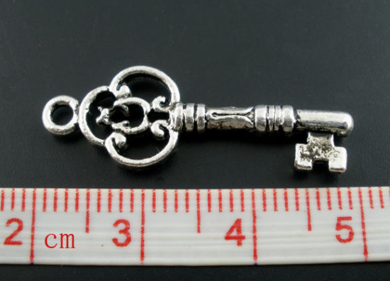 Picture of 25PCs Antique Silver Color Key Charms Pendants 29x10mm