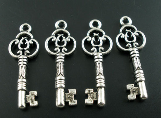 Picture of 25PCs Antique Silver Color Key Charms Pendants 29x10mm
