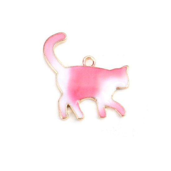 Immagine di Lega di Zinco Charms Gatto Oro Placcato Bianco & Rosso Smalto 21mm x 19mm , 10 Pz