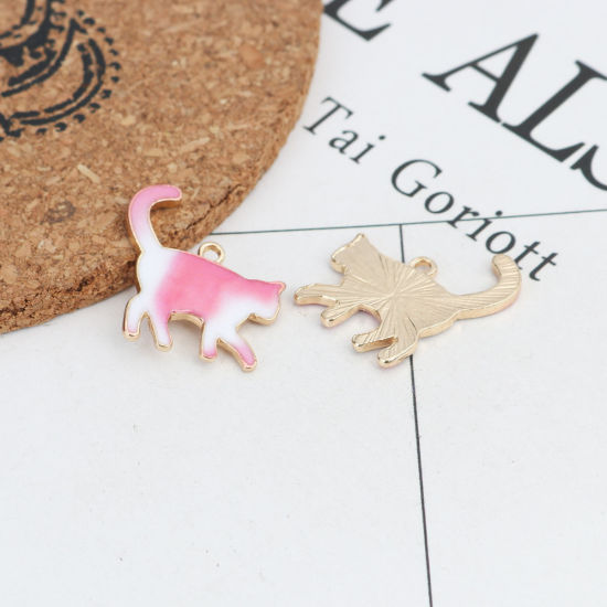 Immagine di Lega di Zinco Charms Gatto Oro Placcato Bianco & Rosso Smalto 21mm x 19mm , 10 Pz