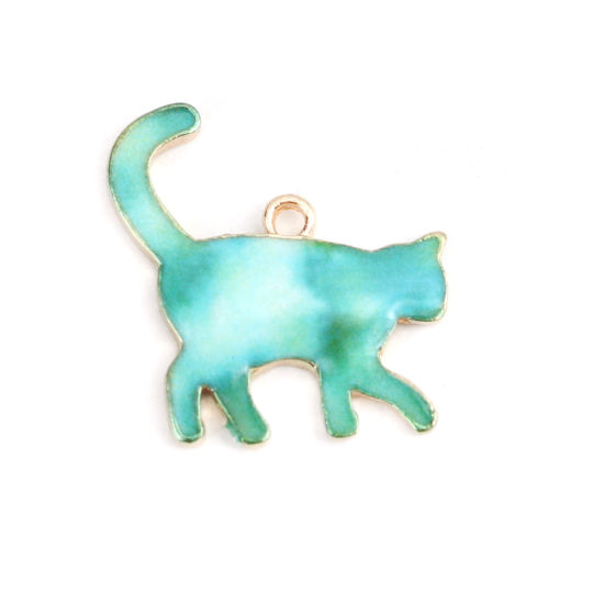 Picture of Zinc Based Alloy Charms Cat Animal Gold Plated Green Enamel 21mm x 19mm, 10 PCs