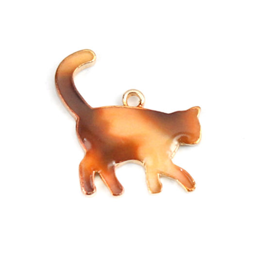 Immagine di Lega di Zinco Charms Gatto Oro Placcato Marrone Smalto 21mm x 19mm , 10 Pz