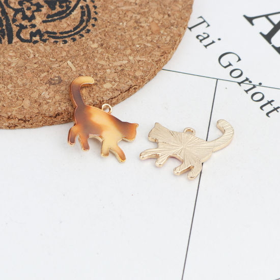 Immagine di Lega di Zinco Charms Gatto Oro Placcato Marrone Smalto 21mm x 19mm , 10 Pz