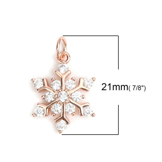 真鍮 クリスマス チャーム ローズゴールド クリスマス・スノーフレーク マイクロパヴェ 透明 ラインストーン 21mm x 14mm、 1 個 の画像