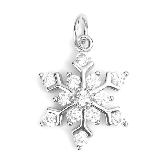 真鍮 クリスマス チャーム シルバートーン クリスマス・スノーフレーク マイクロパヴェ 透明 ラインストーン 21mm x 14mm、 1 個 の画像