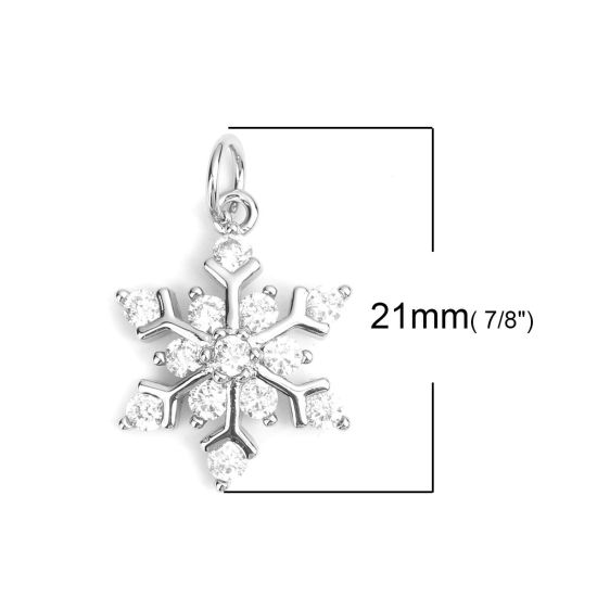 真鍮 クリスマス チャーム シルバートーン クリスマス・スノーフレーク マイクロパヴェ 透明 ラインストーン 21mm x 14mm、 1 個 の画像
