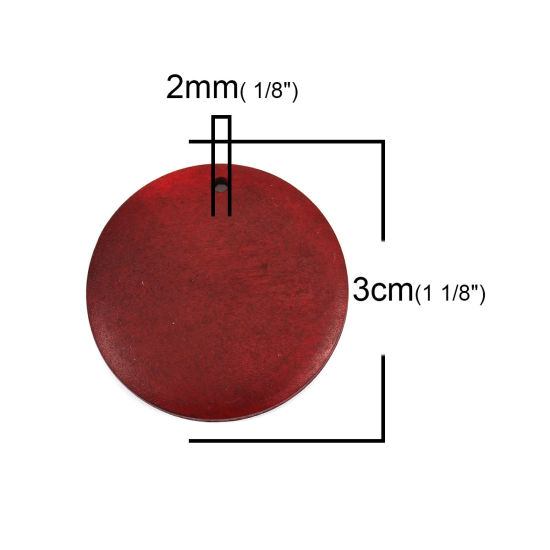 Picture of Natural Wood Pendants Round Wine Red 30mm Dia, 20 PCs