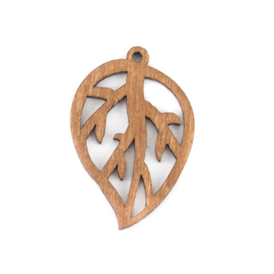 Image de Pendentifs en Bois Naturel Feuille Café Clair Creux 34mm x 23mm, 20 Pcs