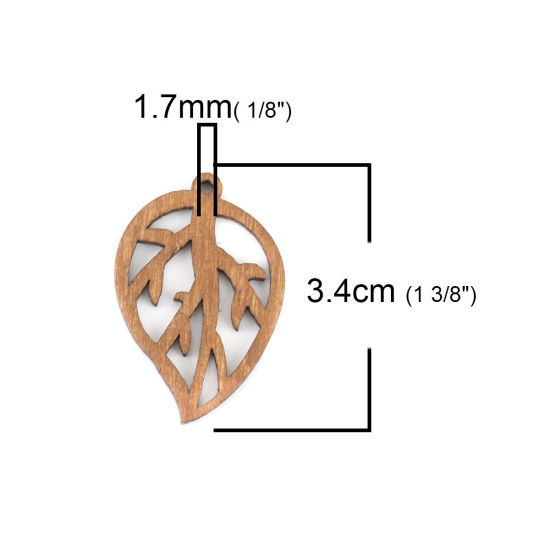 Image de Pendentifs en Bois Naturel Feuille Café Clair Creux 34mm x 23mm, 20 Pcs