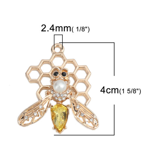 Picture of Zinc Based Alloy Pendants Bee Animal Gold Plated White Acrylic Imitation Pearl Yellow Rhinestone 4cm x 3.4cm, 2 PCs