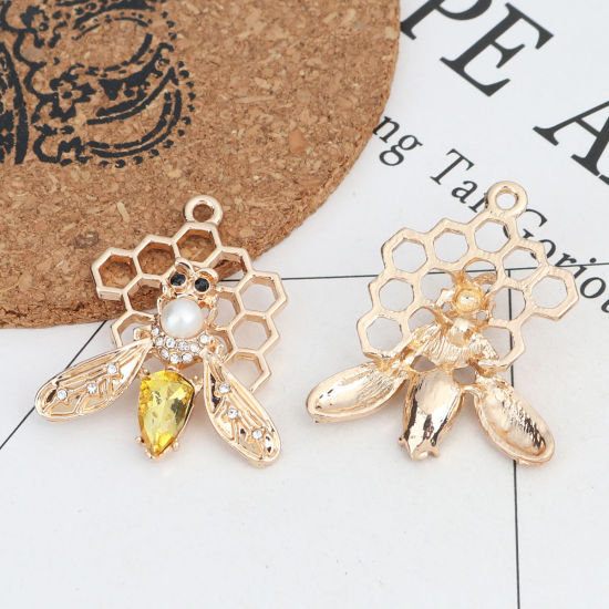 Picture of Zinc Based Alloy Pendants Bee Animal Gold Plated White Acrylic Imitation Pearl Yellow Rhinestone 4cm x 3.4cm, 2 PCs