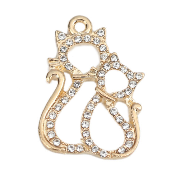 Imagen de Zamak Colgantes Charms Gato Chapado en Oro Transparente Rhinestone 24mm x 17mm, 2 Unidades