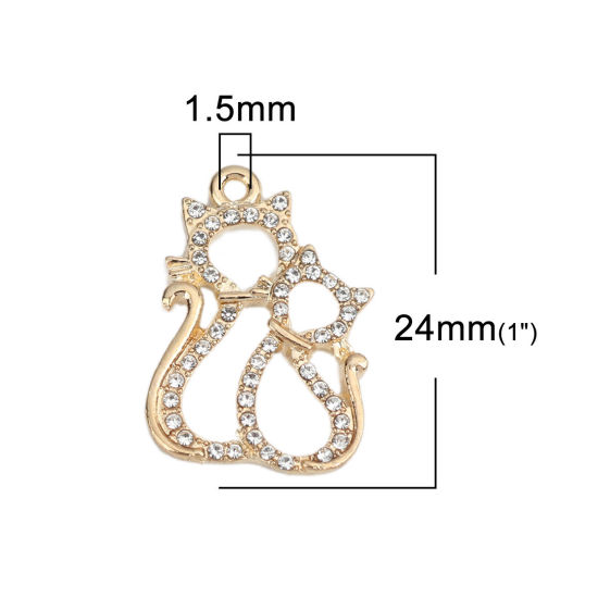 Imagen de Zamak Colgantes Charms Gato Chapado en Oro Transparente Rhinestone 24mm x 17mm, 2 Unidades