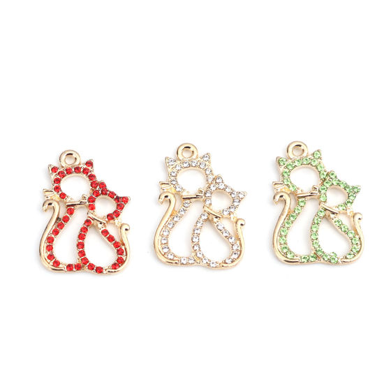 Imagen de Zamak Colgantes Charms Gato Chapado en Oro Transparente Rhinestone 24mm x 17mm, 2 Unidades