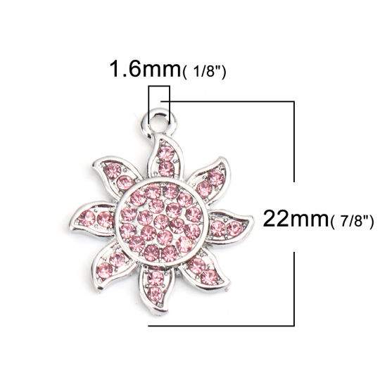 Picture of Zinc Based Alloy Galaxy Charms Sun Silver Tone Pink Rhinestone 22mm x 19mm, 2 PCs