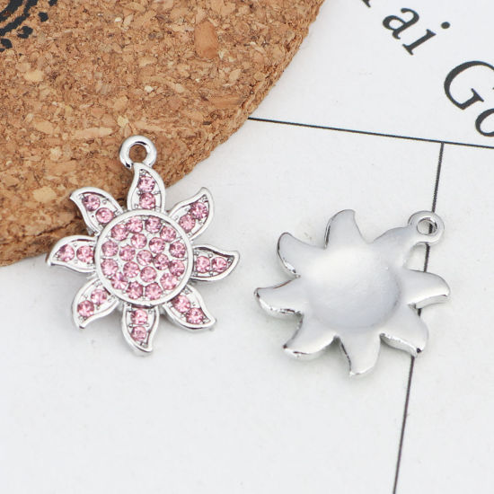 Picture of Zinc Based Alloy Galaxy Charms Sun Silver Tone Pink Rhinestone 22mm x 19mm, 2 PCs