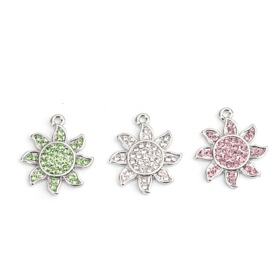 Picture of Zinc Based Alloy Galaxy Charms Sun Silver Tone Pink Rhinestone 22mm x 19mm, 2 PCs