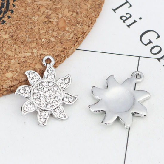 Picture of Zinc Based Alloy Galaxy Charms Sun Silver Tone Clear Rhinestone 22mm x 19mm, 2 PCs