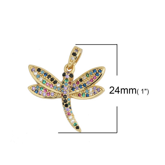 Immagine di 1 Pz Ottone Insetto Ciondoli Pendenti Libellula Placcato Oro 18K Micro Spianare Multicolore Strass 24mm x 21mm