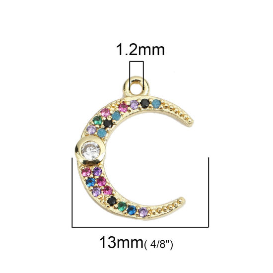 Picture of Brass Galaxy Charms Gold Plated Crescent Moon Double Horn Micro Pave Multicolor Rhinestone 17mm x 13mm, 1 Piece                                                                                                                                               