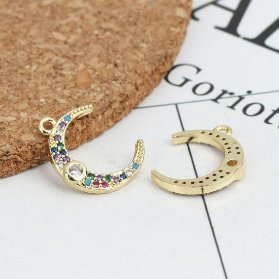 Picture of Brass Galaxy Charms Gold Plated Crescent Moon Double Horn Micro Pave Multicolor Rhinestone 17mm x 13mm, 1 Piece                                                                                                                                               