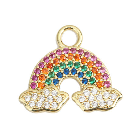 1 Piece Brass Weather Collection Charms 18K Gold Plated Rainbow Micro Pave Multicolor Rhinestone 19mm x 17mm