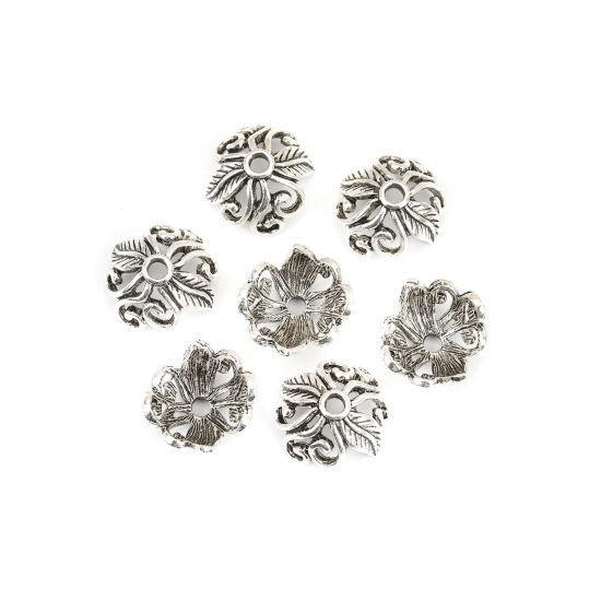 Bild von Zinklegierung Perl Kappen Rebe Antiksilber Blumen Hohl (für Perlengröße: 18mm D.) 18mm x 16mm, 10 Stück