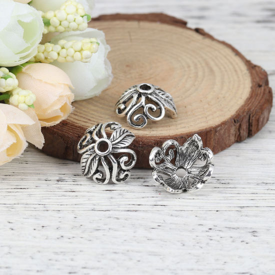 Picture of Zinc Based Alloy Beads Caps Vine Antique Silver Color Flower Hollow (Fit Beads Size: 18mm Dia.) 18mm x 16mm, 10 PCs