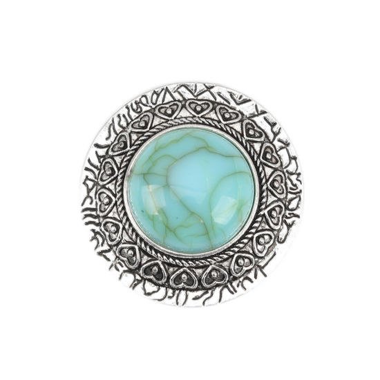 Picture of Zinc Based Alloy & Acrylic Boho Chic Bohemia Connectors Round Antique Silver Color Green Blue Carved Pattern Imitation Turquoise 29mm Dia., 2 PCs