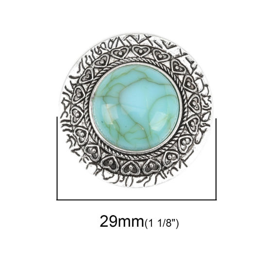 Picture of Zinc Based Alloy & Acrylic Boho Chic Bohemia Connectors Round Antique Silver Color Green Blue Carved Pattern Imitation Turquoise 29mm Dia., 2 PCs