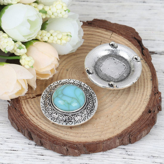 Picture of Zinc Based Alloy & Acrylic Boho Chic Bohemia Connectors Round Antique Silver Color Green Blue Carved Pattern Imitation Turquoise 29mm Dia., 2 PCs