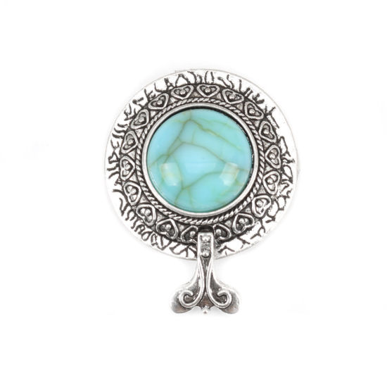 Picture of Zinc Based Alloy & Acrylic Boho Chic Bohemia Connectors Round Antique Silver Color Green Blue Carved Pattern 38mm x 30mm, 2 PCs