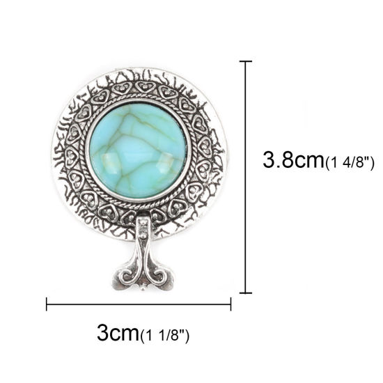 Picture of Zinc Based Alloy & Acrylic Boho Chic Bohemia Connectors Round Antique Silver Color Green Blue Carved Pattern 38mm x 30mm, 2 PCs