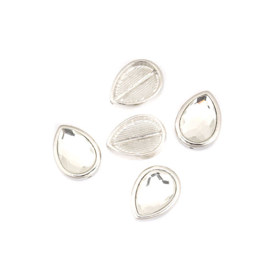 Immagine di Lega di Zinco Perline Goccia Tono Argento Trasparente Strass Circa 17mm x 13mm, Foro:Circa 1mm, 5 Pz