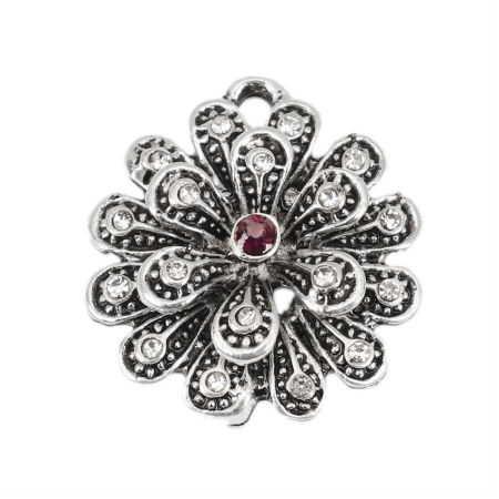 Picture of Zinc Based Alloy Connectors Flower Antique Silver Color Clear Rhinestone 21mm x 20mm, 2 PCs
