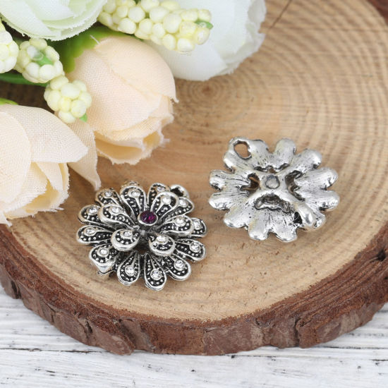 Picture of Zinc Based Alloy Connectors Flower Antique Silver Color Clear Rhinestone 21mm x 20mm, 2 PCs