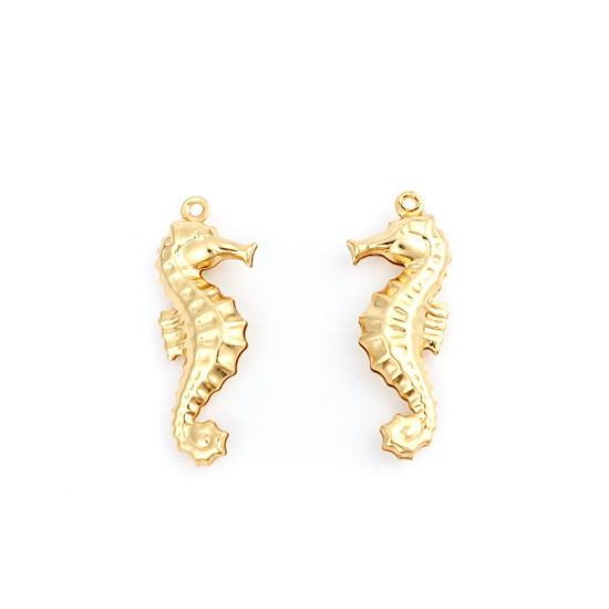 Picture of 304 Stainless Steel Ocean Jewelry Charms Seahorse Animal Gold Plated Hollow 26mm x 10mm, 10 PCs