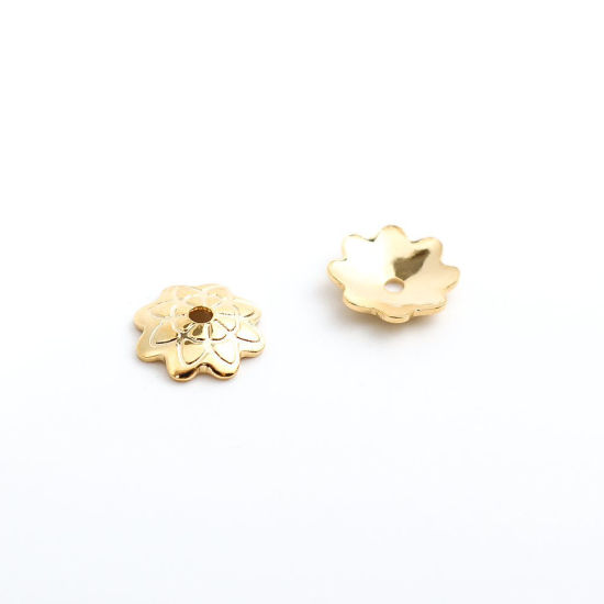 Picture of 304 Stainless Steel Beads Caps Flower Gold Plated Carved Pattern (Fits 10mm Beads) 7mm x 7mm, 10 PCs