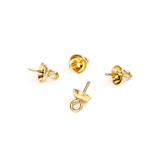 Picture of 304 Stainless Steel Pearl Pendant Connector Bail Pin Cap Gold Plated 8mm x 5mm, 10 PCs