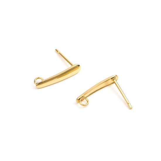 Picture of 304 Stainless Steel Ear Post Stud Earrings Drop Gold Plated W/ Loop 15mm x 3mm, Post/ Wire Size: (20 gauge), 10 PCs
